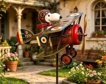 Snoopy Flying Ace Doppeldecker Wind Spinner, Metal Yard Art, Outdoor Whirligig, Pilot Geschenk ， 2D