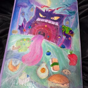 May include: A colourful Vault X binder with a fantasy illustration of a purple Gengar character. The artwork includes food items such as a burger, sushi, and an egg. The binder has a light purple border.