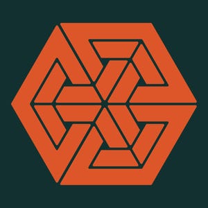 Puede incluir: Diseño geométrico naranja sobre fondo verde oscuro. El diseño es una forma hexagonal con un intrincado patrón de formas entrelazadas. La estética general es moderna y abstracta, adecuada para diversas aplicaciones.