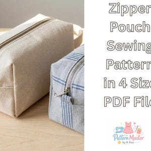 May include: Two rectangular zipper pouches, one in natural canvas and the other in gray striped fabric, sit on a wooden surface. Both have a metal zipper and a small pocket. Text on the right reads "Zipper Pouch Sewing Pattern in 4 Size PDF File."