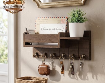 Rustic Wall Key Holder with Mail Organizer Shelf | Farmhouse Entryway Decor | Wooden Key Rack with Hooks | Housewarming Gift