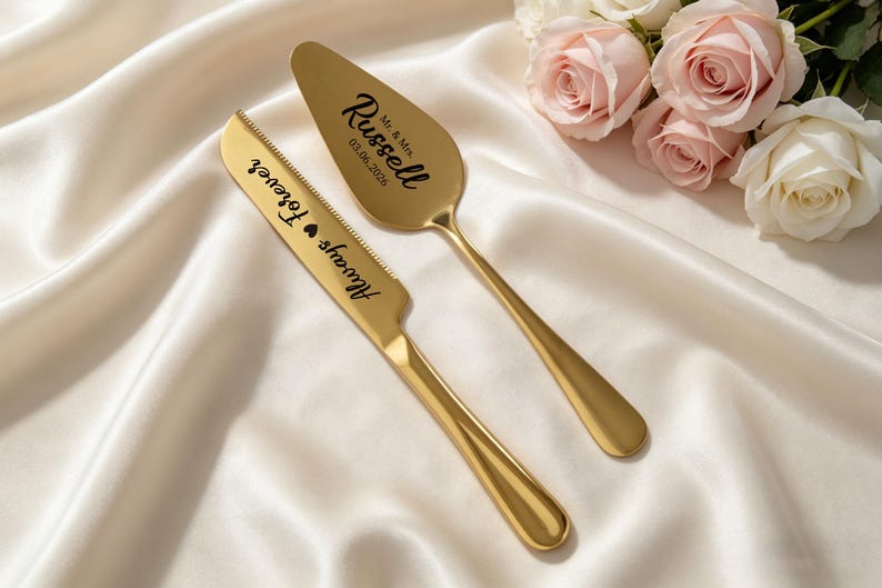 May include: A gold-colored cake knife and server set with engraved text. The knife reads "Always & Forever" and the server reads "Mr. & Mrs. Russell 03.06.2026". The set is displayed on a white satin surface, with roses in the background.