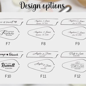 May include: A white card displays various design options for a wedding or event. The options include text such as "Love is sweet," names, and dates. The designs are in a simple, elegant font.