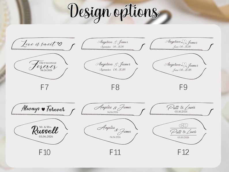May include: A white card displays various design options for a wedding or event. The options include text such as "Love is sweet," names, and dates. The designs are in a simple, elegant font.