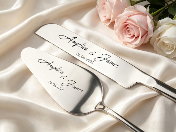 Custom Wedding Cake Serving Set, Engraved Stainless Steel Knife & Server, Marriage gift