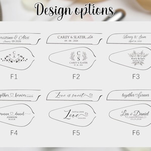 May include: A selection of wedding cake server designs with various text and decorative elements. The designs include names, dates, and phrases like "together forever" and "Love is sweet". The text "Design options" is at the top.