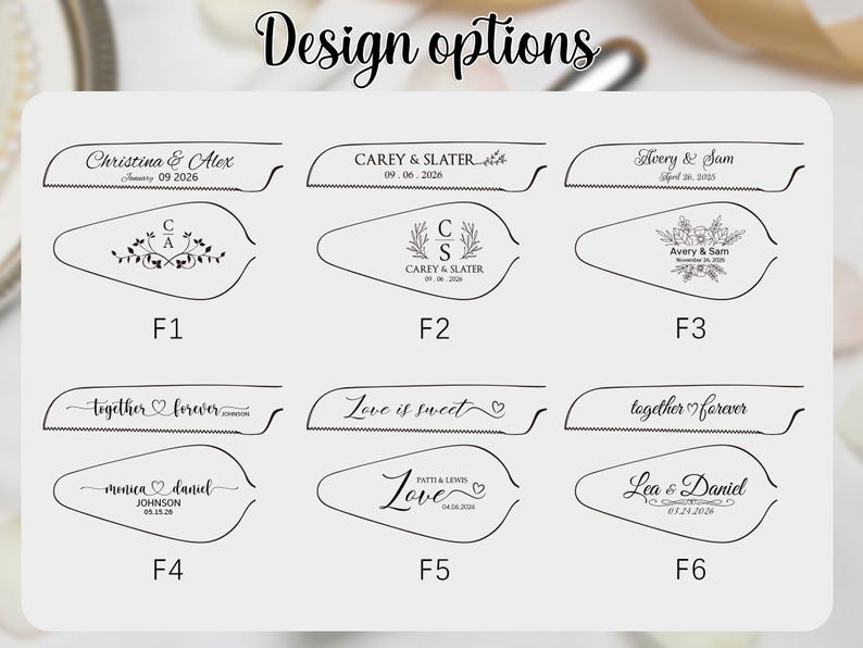 May include: A selection of wedding cake server designs with various text and decorative elements. The designs include names, dates, and phrases like "together forever" and "Love is sweet". The text "Design options" is at the top.