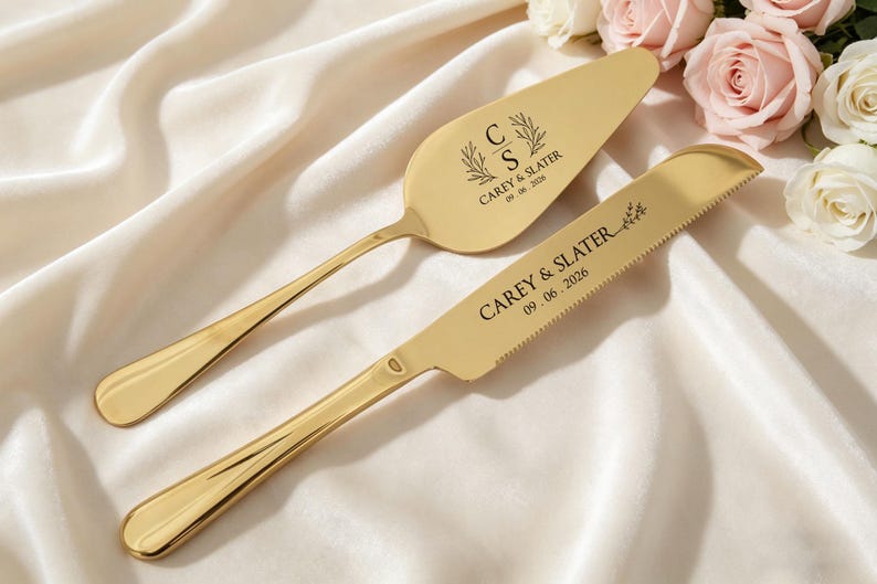 May include: A gold-colored cake server and knife set. The server has a wide, flat blade, and the knife has a serrated edge. Both are engraved with the names "Carey & Slater" and the date "09.06.2026". The set rests on a white fabric with pink and white roses.