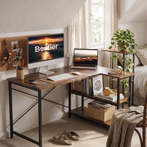 L-Shaped Computer Desk with Shelves, Corner Gaming Table for Home Office, Rustic Study Workstation with Open Storage F125