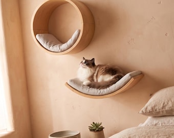 Modernes Katzenwandmöbel-Set, minimalistische schwebende Katzenregale, elegantes wandmontiertes Katzenbett und Treppe, gebogener Katzenspielplatz F105