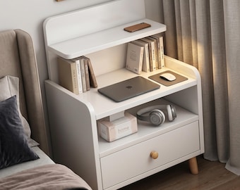 Mesa de cabeceira moderna com prateleira e espaço de armazenamento integrados | Mesa de cabeceira multifuncional para quarto F146