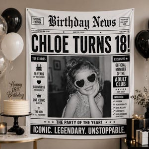 May include: A white fabric birthday banner designed like a newspaper front page with the headline Birthday News, Chloe Turns 18, and a black and white photo of a child wearing heart-shaped sunglasses. The text includes Top Stories and Exclusive.