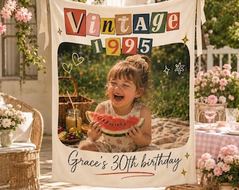 Schild zum 32. Geburtstag, personalisiertes Fotobanner für die Party, Vintage-Geburtstagshintergrund von 1995, Willkommensschild für Männer und Frauen, lustige Geburtstagsdekorationen