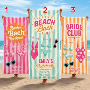 Personlig strandhandduk för möhippa, personlig present till brudparet, accessoarer för Bach Weekend, handdukar till brudparet, retro strandfestdekor