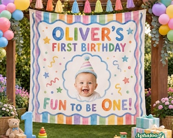 Gepersonaliseerde achtergrond 'Fun to Be One', fotowandkleed voor de eerste verjaardag, banner voor het eerste verjaardagsfeest, kleurrijke gestreepte wanddecoratie, mijlpaal voor babyjongen of -meisje