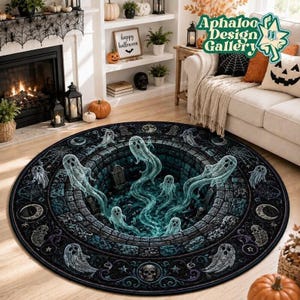 May include: A round area rug featuring a dark, stone-textured well design with multiple translucent, glowing light blue ghosts rising from the center. The border is decorated with intricate patterns of spiderwebs, skulls, and crescent moons.
