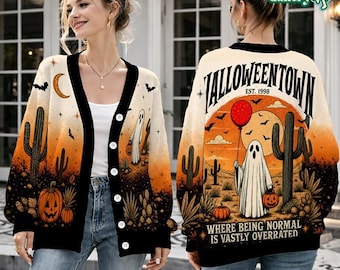 Vintage Halloween Town Ghost Knit Cardigan, Spooky Season Sweatshirt, Halloween Lover Gift, Retro Pumpkin Apparel, Fall Holiday