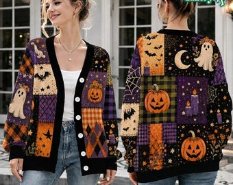 Pull chat noir fantôme, cardigan citrouille Jack O'Lantern, cardigan d'Halloween effrayant, tenue d'automne épouvantail, Halloween : bonbons ou un sort