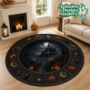 Gothic Haunted Castle Quilt Round Rug, Halloween Floor Mat, Spooky Living Room Decor, Full Moon Pumpkin Patch Circle Carpet Gift