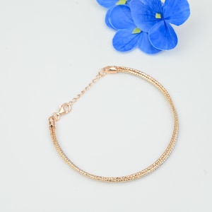May include: A rose gold-toned bracelet featuring a fine, textured mesh chain design. The bracelet includes a delicate extender chain with a lobster claw clasp, providing an adjustable fit. The metal surface has a subtle, shimmering finish.
