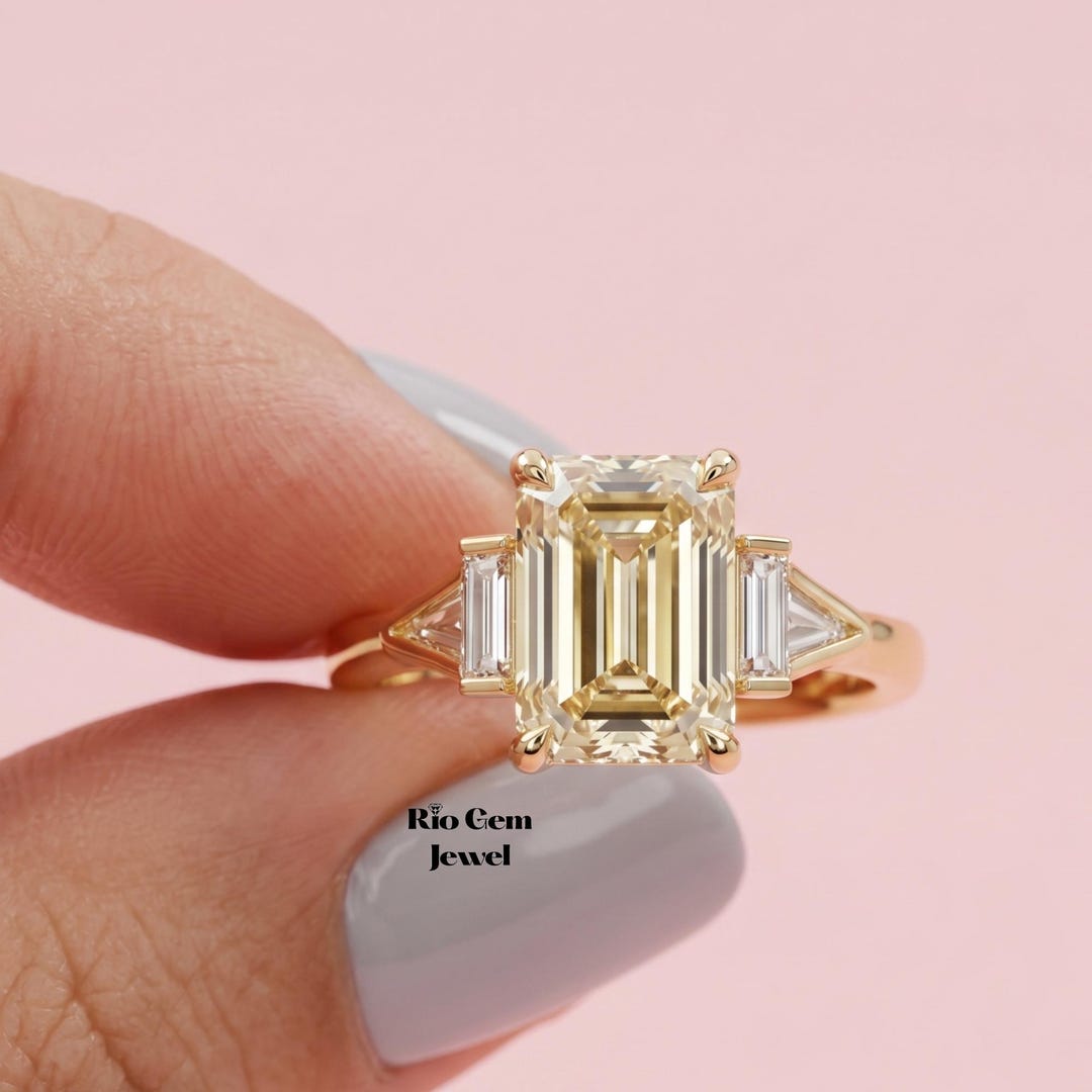 2.50 Ct Emerald Cut Lab Grown Diamond Ring | Three Stone Engagement ...