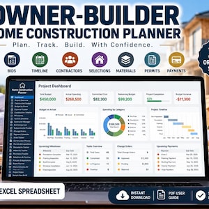Owner Builder Home Construction Planner | New Home Build Spreadsheet | Budget, Bids, Timeline & Project Tracker
