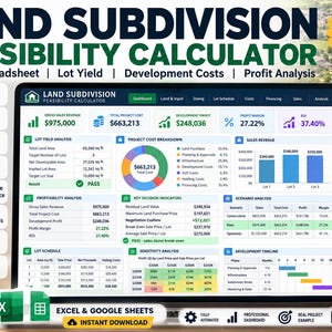 Land Subdivision Feasibility Calculator | Excel Spreadsheet | Lot Yield & Development Profit