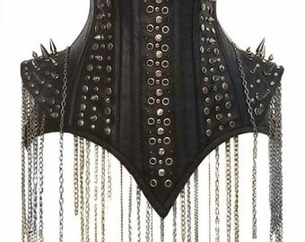 Corsé de cuero con tachuelas y cadenas para mujer, estilo gótico punk, tipo bustier.