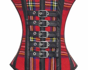 Red Tartan Corset – Steel Boned Waist Trainer with Buckle & Lace