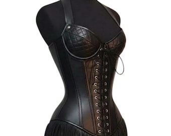 Corsé de cuero negro para mujer con flecos, corpiño estilo gótico para moldear la cintura.
