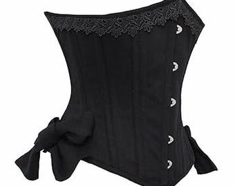 Corsé negro con ribete de encaje, estilo gótico clásico para ceñir la cintura.