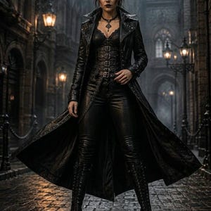 May include: A black leather trench coat worn over a lace corset top and fitted leather trousers. The outfit includes a dark pendant necklace and knee-high lace-up boots. The ensemble features metallic buckle details on the corset and studs on the coat.