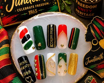 Rooted in Freedom | Juneteenth Nails | Luxury Press On  | Black Gold Red Green Set | Reusable