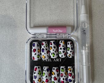 Fruity Pebble Print Press On Nails | Colorful Leopard Glossy Coffin Handmade Set