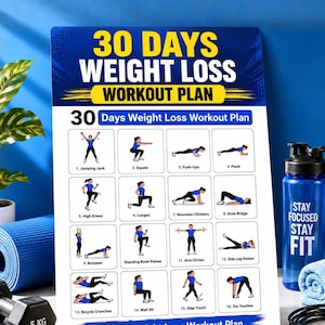 May include: A rectangular poster titled 30 Days Weight Loss Workout Plan with bold yellow and white text on a blue background. It features sixteen numbered illustrations of exercise movements, including jumping jacks, squats, and push-ups.