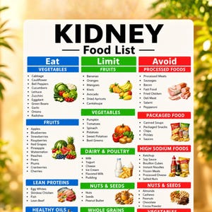 Tabela z listą produktów spożywczych dla osób z chorobami nerek do druku | Lista produktów spożywczych dla osób z PChN w formacie PDF | Produkty przyjazne nerkom, które należy spożywać i unikać | Lista produktów dla osób z chorobami nerek do pobrania w formacie A4