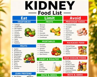 Printable Kidney Disease Food List Chart | CKD Diet Food List PDF | Kidney Friendly Foods to Eat and Avoid | Renal Food List Download A4