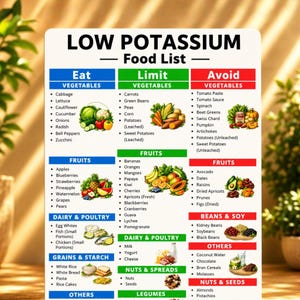 Può includere: Un'infografica colorata intitolata "Lista di alimenti a basso contenuto di potassio", suddivisa in sezioni "Mangiare", "Limitare" e "Evitare". Elenca verdure, frutta, latticini, cereali, noci e altri gruppi alimentari, con immagini.