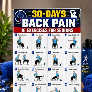 May include: A rectangular white poster titled 30-DAYS BACK PAIN 16 EXERCISES FOR SENIORS, featuring sixteen numbered illustrations of a person in a blue shirt performing seated exercises on a chair, including neck stretches, twists, and leg extensions.