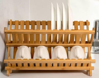 Bamboo Dish Drying Rack Collapsible | Foldable Wooden Dish Drainer | Space Saving Kitchen Counter Organizer