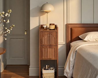 Narrow Nightstand with Drawers | Skinny Bedside Table for Bedroom | Small End Table with Storage | Modern Night Stand