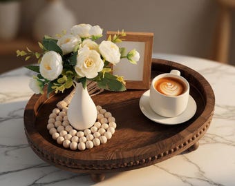Coffee Table Ottoman Tray with Beaded Edge 16x11.8” | Rustic Farmhouse Wooden Serving Tray | Home Decor Centerpiece
