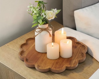 Scalloped Wood Tray Round, Decorative Display Tray for Coffee Table Decor, Rustic Serving Tray Plate