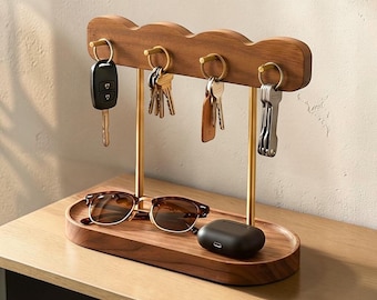 Walnut Wood Key Holder Stand and Valet Tray | Entryway Catchall Organizer with Gold Hooks | Modern Minimalist Home Decor