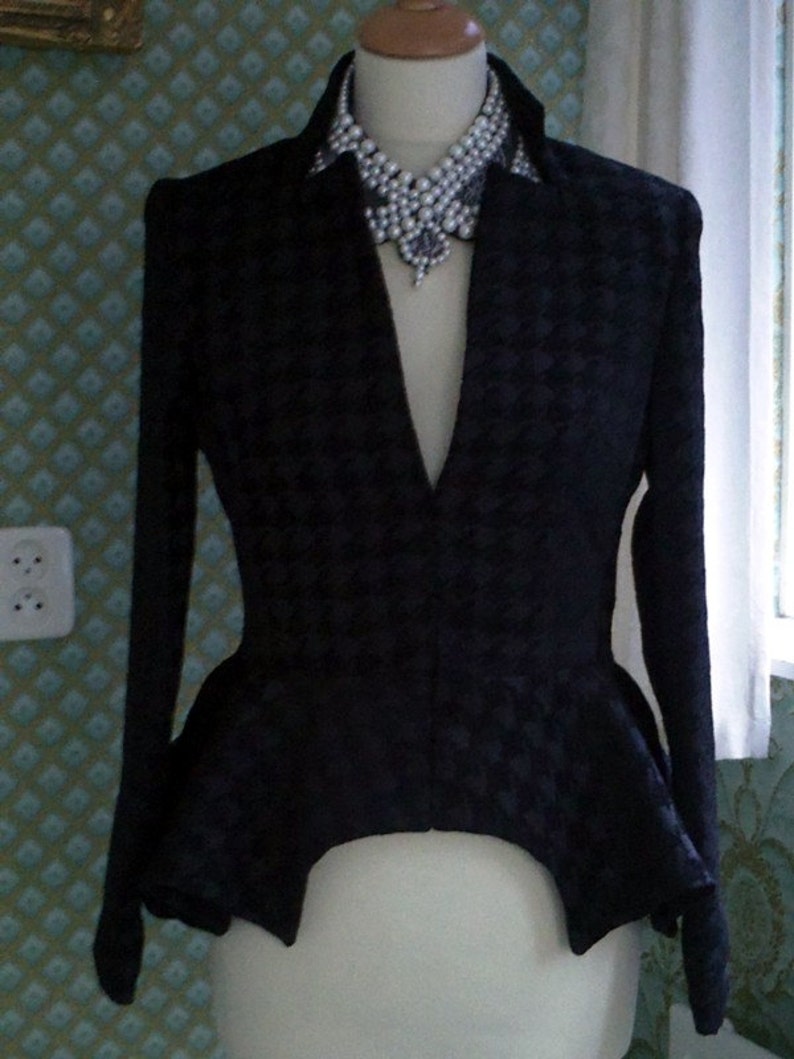 CUSTOM MADE Worn by Kate Middleton Alexander Mcqueen inspired notch collar houndstooth black jacket image 3