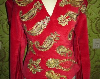 CUSTOM MADE Designer inspired burlesque crimson red velvet open sleeves jacket with gold appliques