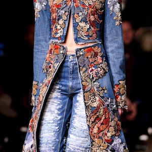 CUSTOM MADE Alexander McQueen inspired embellished long denim coat