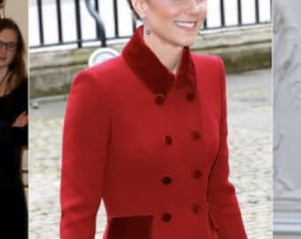 MAßANFERTIGUNG Kate Middleton Duchess of Cambridge Wolle und Samt doppelbrust dunkelroter Mantel