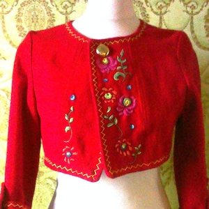 100 % red  wool crop bolero jacket Folcklore style handembroidered