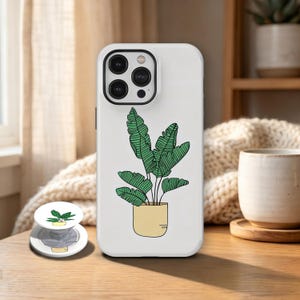 Minimalist Plant Phone Case, Potted Banana Leaf Aesthetic Botanical Cover for iPhone 17 16 15 14 13 12 11 Pro Max, Samsung Galaxy S26 Ultra
